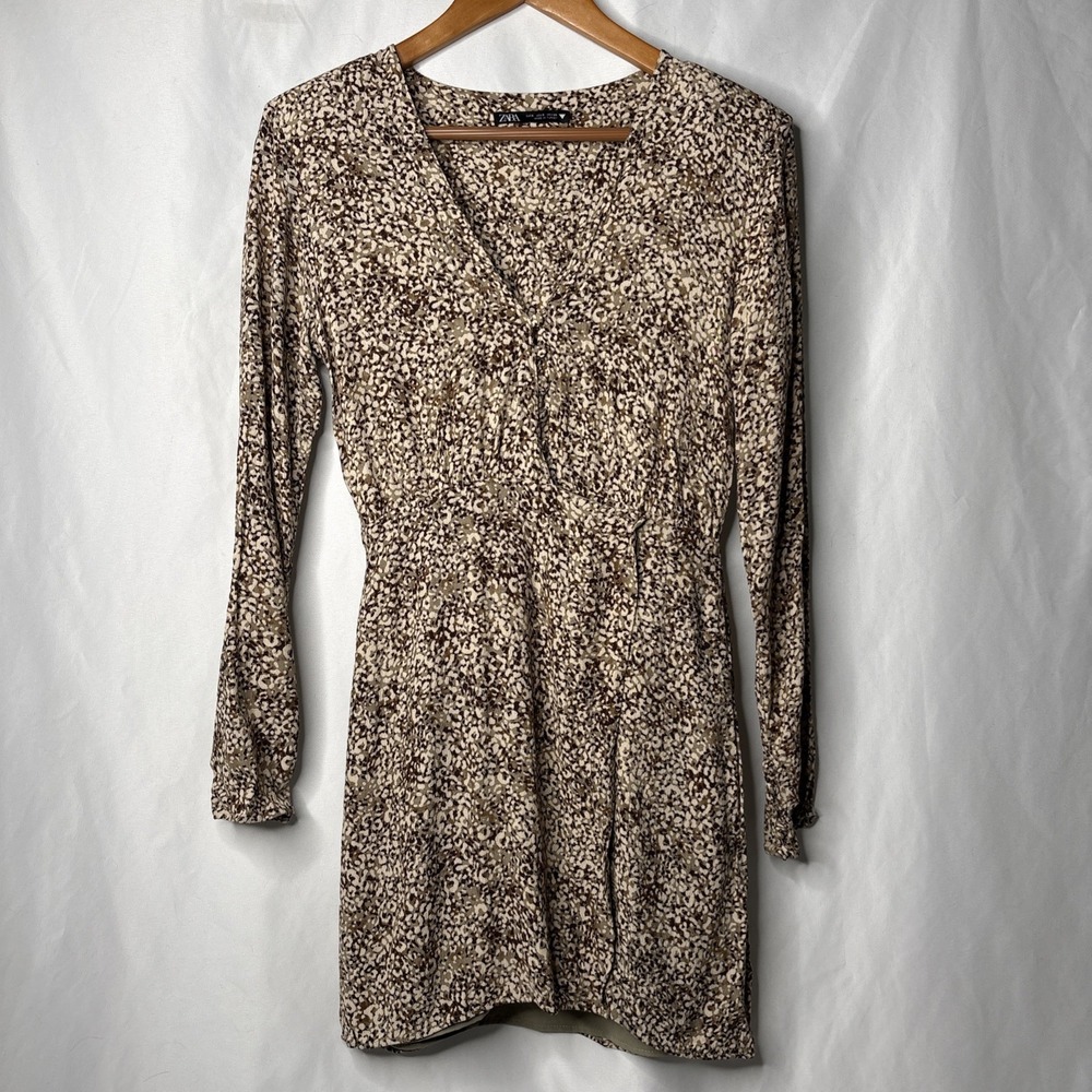 Zara Women's S Print Long Sleeve Button Mini Dress V-neck Brown Beige Classic